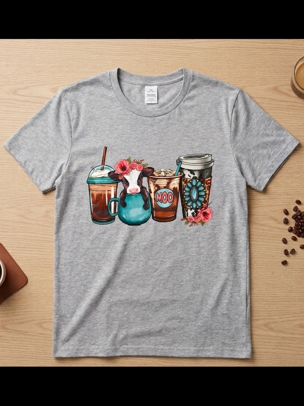 Gray Short Sleeve Tee with Coffee Cow Graphic